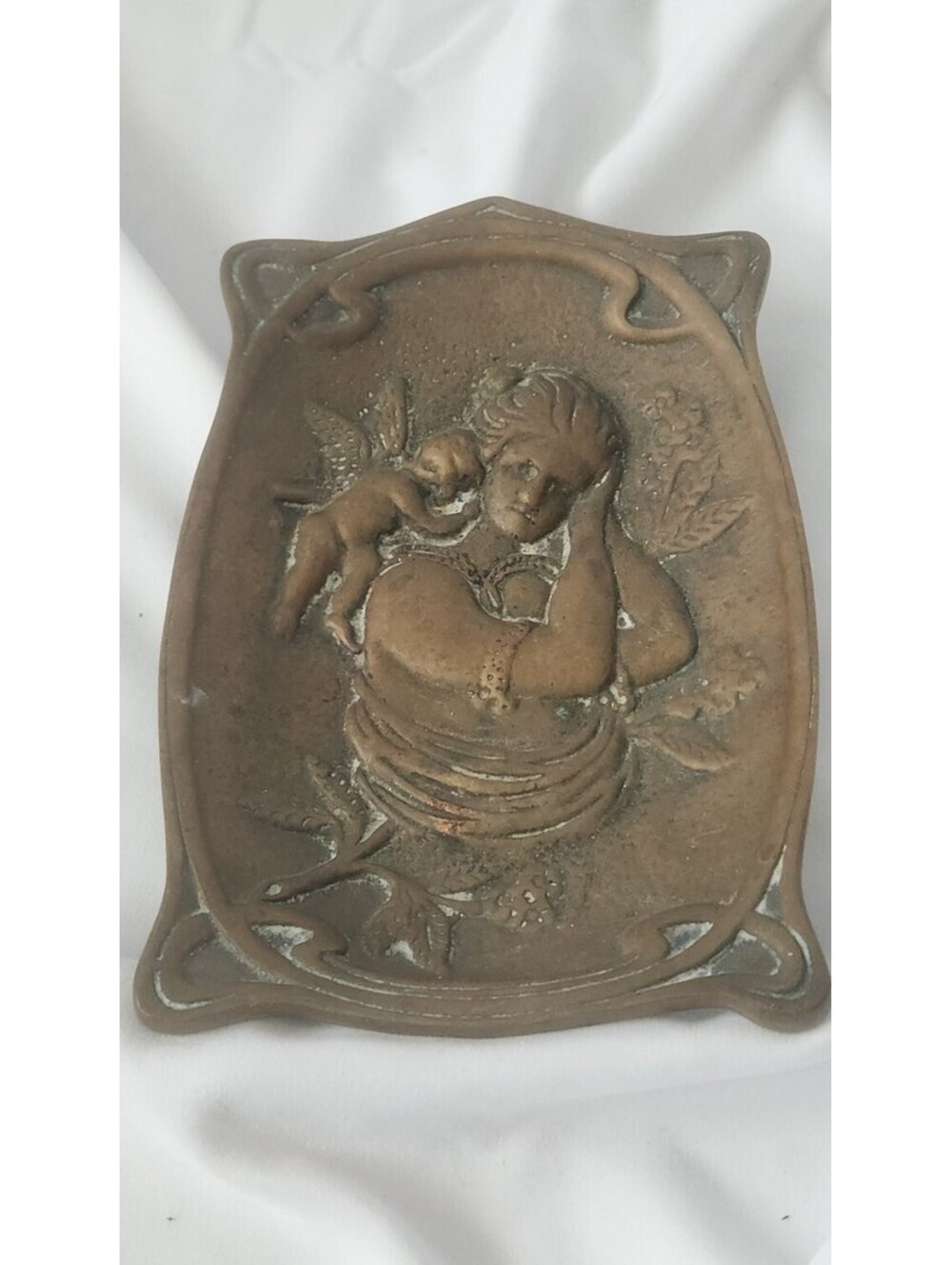 Art Nouveau Cast Pin Tray Maiden & Cupid Cherub Trinket Dish